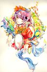  hair_ornament leaf_hair_ornament mirror mosuke purple_hair red_eyes rope solo touhou traditional_media watercolor_(medium) yasaka_kanako 