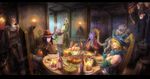  5girls eating fantasy feast feathers food jill_(yansun) letterboxed maid multiple_girls table the_elder_scrolls the_elder_scrolls_iv:_oblivion upside-down yansun 