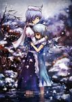  blue_hair cirno closed_eyes comforting hand_on_another's_head highres hug jq letty_whiterock multiple_girls ribbon scarf short_hair snow tears touhou wading water 