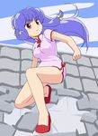  blue_hair brown_eyes c-lop china_dress chinese_clothes dress full_body long_hair no_socks ranma_1/2 rooftop shampoo_(ranma_1/2) solo 