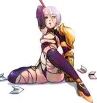  armor blue_eyes bodysuit breasts earrings funakura gloves isabella_valentine jewelry medium_breasts purple_bodysuit revealing_clothes short_hair sitting solo soulcalibur sword weapon whip whip_sword white_hair 