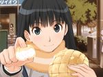  amagami ayatsuji_tsukasa black_hair bread feeding food game_cg looking_at_viewer melon_bread pov_feeding solo takayama_kisai upper_body 