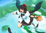  azusa_(hws) black_hair black_wings fan feathers flying geta hat hauchiwa looking_at_viewer misty_lake open_mouth red_eyes scarlet_devil_mansion shameimaru_aya short_hair smile solo tengu-geta tokin_hat touhou wings 