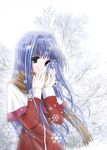  blue_eyes blue_hair kanon kuryuu long_hair minase_nayuki scarf school_uniform snow snowflakes solo 