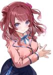  1girl blazer blue_eyes blue_overskirt blue_ribbon blue_skirt blush breasts brown_jacket commentary double_bun gakuen_idolmaster hair_bun hanami_saki hatsuboshi_gakuen_school_uniform highres idolmaster jacket kanda_done long_hair looking_at_viewer medium_breasts neck_ribbon own_hands_together red_hair ribbon school_uniform shirt simple_background skirt smile solo two_side_up white_background white_shirt 