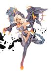  blonde_hair breasts cleavage dragon_girl highres horns large_breasts legs monster_girl original red_eyes running short_hair simple_background solo tail tsunekun 