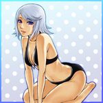  all_fours barefoot bikini blue_eyes breasts cleavage medium_breasts murasaki_(ekyu) refill_sage short_hair silver_hair sitting smile swimsuit tales_of_(series) tales_of_symphonia 