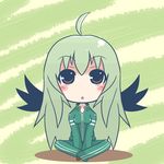  :o ahoge amagiku bad_id bad_pixiv_id blush breasts brown_eyes chibi green_hair indian_style long_hair medium_breasts rozen_maiden shoes sitting solo suigintou track_suit v_arms wings 