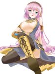  armband ayano_(netin) blue_eyes boots breasts cleavage headset highres long_hair looking_at_viewer medium_breasts megurine_luka microphone open_mouth pink_hair simple_background sitting solo thighhighs very_long_hair vocaloid 