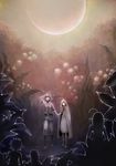  3girls cloak fantasy flower from_behind full_moon holding_hands lily_of_the_valley miniboy minigirl moon multiple_boys multiple_girls nature night original pointy_ears sachi_(yumemayoi) scenery silhouette tree twilight 