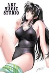  artist_request black_hair brown_eyes copyright_request long_hair one-piece_swimsuit signature solo swimsuit towel 