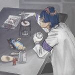  1boy absurdres beaker beer_can between_fingers black_eyes blue_hair blurry blurry_background bottle bunsen_burner can cigarette coat cooking creature dried_squid drink_can drunk eating feet_out_of_frame glasses gloves grey_background highres holding holding_beaker holding_bottle holding_cigarette koze_niire lab_coat leos_vincent leos_vincent_(1st_costume) long_sleeves male_focus mameneko_(leos_vincent) nijisanji profile purple_armband short_hair sitting snack solo table virtual_youtuber white_coat white_gloves 