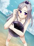  1girl bikini blush breasts cleavage hair_ornament league_of_legends leaning_forward long_hair ponytail purple_eyes silver_hair solo standing swimsuit syndra 