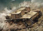  abe_yasushi_(umizoi_tibet) action commentary_request day dust_cloud ground_vehicle military military_vehicle motion_blur motor_vehicle no_humans original outdoors semovente_75/18 tank tank_focus 