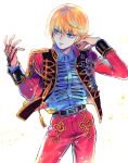  1boy aiguillette alternate_costume bangs belt bhh4321 blonde_hair chain collared_shirt contrapposto cowboy_shot dress_shirt earrings hair_flip hands_up highres hunter_x_hunter jacket jewelry kurapika long_sleeves looking_at_hand looking_away looking_to_the_side male_focus medal open_clothes open_jacket pants parted_lips red_jacket red_pants ring shirt short_hair simple_background sleeve_cuffs solo tassel weapon white_background white_shirt 