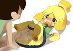  animal_crossing animal_crossing_boy anthro blush bow canine clothing dagasi dog duo female human isabelle isabelle_(animal_crossing) lying male mammal nintendo on_back open_mouth paws pussy skirt upskirt vest video_games villager_(animal_crossing) 