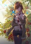  backlighting bangs belt black_legwear blue_eyes breasts brown_hair brown_jacket bug butterfly camellia collared_shirt cowboy_shot dew_drop flower hair_between_eyes head_tilt highres holding holding_umbrella insect jacket long_hair long_sleeves looking_away makise_kurisu medium_breasts necktie off_shoulder open_clothes open_jacket pantyhose parted_lips plant red_neckwear shirt shirt_tucked_in short_shorts shorts solo sparkle standing steins;gate straight_hair thigh_gap transparent transparent_umbrella umbrella water_drop white_shirt yuzhi 