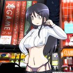  a_channel bad_id bad_pixiv_id bikini_jeans black_hair breasts brown_eyes covered_nipples crescent_moon crop_top denim eyebrows groin impossible_clothes impossible_sweater jeans long_hair lowleg lowleg_pants meme_attire midriff moon navel neon_lights night night_sky nishi_yuuko pants ribbed_sweater sky solo sweater tokisora_habuki underboob 