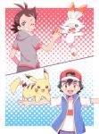  2boys ahoge baseball_cap black_hair blue_eyes blue_vest brown_eyes dark_skin dark_skinned_male dotted_background eyelashes gen_1_pokemon gen_8_pokemon gou_(pokemon) grin hat highres male_focus mei_(maysroom) multiple_boys one_eye_closed open_mouth outstretched_arms pokemon pokemon_(anime) pokemon_on_arm purple_shorts satoshi_(pokemon) shirt shorts sleeveless smile spiked_hair split_image tagme upper_body upper_teeth vest white_shirt 