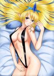  artist_name bed bikini black_bikini blonde_hair blue_eyes blush breasts collarbone cowboy_shot eyebrows_visible_through_hair groin hair_between_eyes hair_flowing_over hair_spread_out head_tilt janna_windforce league_of_legends long_hair long_pointy_ears looking_at_viewer lying md5_mismatch medium_breasts navel parted_lips pillow pointy_ears shiny shiny_skin slingshot_swimsuit solo sweatarm_tattoo swimsuit tattoo tiara tonnelee watermark web_address 