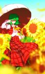  ascot bad_id bad_pixiv_id blurry day depth_of_field flower green_hair hong_(white_spider) kazami_yuuka light_smile parasol plaid plaid_skirt plaid_vest red_eyes ribbon short_hair skirt skirt_set sky smile solo standing sunflower touhou umbrella v_over_eye vest 