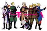  ahoge america_(hetalia) axis_powers_hetalia bad_id bad_pixiv_id belt black_eyes black_hair blonde_hair bomber_jacket boots brown_hair china_(hetalia) coat crossed_arms everyone faucet flag flower food france_(hetalia) germany_(hetalia) glasses gloves gun hamburger highres jacket japan_(hetalia) katana male_focus military military_uniform multiple_boys necktie northern_italy_(hetalia) open_mouth rose russia_(hetalia) sam_browne_belt scarf smile sword todoroki_sora uniform united_kingdom_(hetalia) weapon white_flag world_war_ii 