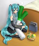  aqua_eyes aqua_hair bad_id bad_pixiv_id bed blue_nails chips detached_sleeves food hatsune_miku headset jenny_(artist) kneeling long_hair nail_polish necktie potato_chips skirt solo spring_onion thighhighs twintails very_long_hair vocaloid 