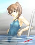  armpits brown_eyes brown_hair competition_swimsuit copyright_request covered_navel hanayama_tooru head_tilt long_hair looking_at_viewer one-piece_swimsuit pool pool_ladder poolside refraction side_ponytail smile solo swimsuit 