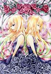  bare_shoulders blonde_hair flower koushi_rokushiro multicolored_hair multiple_girls original rose siblings sisters twins two-tone_hair 