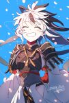  1girl armor black_hair blue_background closed_eyes dated detached_sleeves fate/grand_order fate_(series) grin kanya_(asa_yake01) long_hair multicolored_hair nagao_kagetora_(fate) pauldrons ponytail shoulder_armor signature smile two-tone_hair uesugi_kenshin_(fate) uesugi_kenshin_(first_ascension)_(fate) white_hair wind 