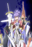  blush breastplate cowboy_shot hinoshita_hikari looking_at_viewer original ponytail purple_hair red_eyes solo standing sword weapon 