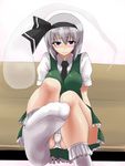  blue_eyes blush feet foreshortening hair_ribbon hitodama konpaku_youmu konpaku_youmu_(ghost) necktie ooike_teru panties pov_feet ribbon silver_hair socks solo sweat touhou underwear 