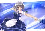  blue_eyes braid highres izayoi_sakuya knife maid rasukaru short_hair silver_hair solo touhou twin_braids 