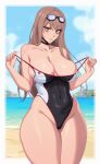  1girl absurdres bare_arms bare_shoulders beach black_choker black_one-piece_swimsuit blue_sky blurry blurry_background border breasts brown_hair choker cleavage clothes_pull clothes_writing cloud collarbone commentary covered_navel cowboy_shot day goddess_of_victory:_nikke goggles goggles_on_head groin hair_between_eyes hands_up highleg highleg_one-piece_swimsuit highres hito_kirii large_breasts light_blush long_hair looking_at_viewer official_alternate_costume one-piece_swimsuit one-piece_swimsuit_pull outdoors outside_border parted_lips pulling_own_clothes rapi_(classic_vacation)_(nikke) rapi_(nikke) red_eyes sidelocks sky solo standing strap_pull swim_goggles swimsuit thick_thighs thighs twitter_username two-tone_swimsuit veins veiny_breasts w_arms water wavy_hair wet wet_clothes wet_swimsuit white_border white_one-piece_swimsuit yellow_pupils 