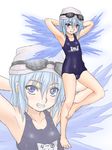  barefoot blue_eyes blue_hair blush cirno feet goggles grin highres kuro_suto_sukii one-piece_swimsuit school_swimsuit shiny shiny_clothes smile solo swimsuit touhou wet wet_clothes wings 