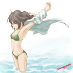  arms_up bikini brown_hair closed_eyes copyright_request cowboy_shot hanayama_tooru jacket open_clothes open_jacket short_hair solo stretch submerged swimsuit 