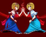  alice_margatroid bad_id bad_pixiv_id blonde_hair blood dual_persona heart multiple_girls ribbon skirt skirt_lift symmetrical_hand_pose touhou yutazou 