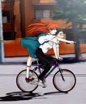  1girl artist_request bicycle blush city from_side ground_vehicle ikari_shinji leaning_forward leaning_on_person multiple_riders neon_genesis_evangelion outstretched_arm pillion pointing red_hair riding school_uniform souryuu_asuka_langley standing 