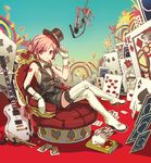  armchair bad_id bad_pixiv_id book boots bunny card chair crossed_legs floating_card gloves guitar hands hat hat_tip heart high_heels instrument legs lying_card microphone mini_hat mini_top_hat nakbe original pink_hair playing_card playing_card_theme pop_filter red_eyes shoes short_hair sitting solo studio_microphone tattoo thigh_boots thighhighs top_hat 