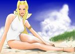  armlet beach blonde_hair blue_eyes bow day dead_or_alive hair_bow helena_douglas hybrid_cat legs lips long_hair one-piece_swimsuit smile solo swimsuit 