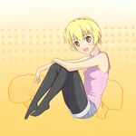  ashuku blonde_hair feet higurashi_no_naku_koro_ni houjou_satoko legwear_under_shorts pantyhose pantyhose_under_shorts shorts sleeveless solo yellow_eyes 