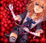  bad_id bad_pixiv_id blonde_hair bow cross earrings flower gloves jewelry koushi_rokushiro microphone necklace original ribbon rose school_uniform serafuku solo striped striped_legwear thighhighs 