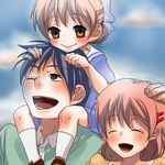  2girls bad_id bad_pixiv_id blue_eyes blue_hair brown_eyes brown_hair carrying clannad closed_eyes family furukawa_nagisa husband_and_wife multiple_girls okazaki_tomoya okazaki_ushio one_eye_closed school_uniform seishun_arinko short_hair shoulder_carry 