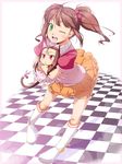  :&lt; animal_ears boots brown_hair cat_ears cat_tail child dress green_eyes hairband idolmaster idolmaster_(classic) idolmaster_sp long_hair minase_iori multiple_girls natsumi_akira one_eye_closed pop_sound_blossom red_eyes ribbon skirt tail takatsuki_yayoi turtleneck twintails 