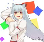  animal_ears bad_id bad_pixiv_id bangs blush bow cat_ears fujiwara_no_mokou hair_bow hareno_chiame long_hair red_eyes silver_hair solo touhou 