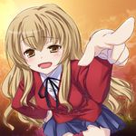  47agdragon aisaka_taiga blush brown_eyes brown_hair foreshortening hand_on_hip hands jpeg_artifacts laughing leaning_forward long_hair oohashi_high_school_uniform open_mouth pointing pointing_at_viewer raised_eyebrow school_uniform skirt smile solo sunset tears toradora! uneven_eyes 