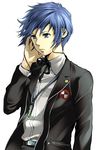  blazer blue_hair digital_media_player headphones jacket koremi2 male_focus persona persona_3 school_uniform solo yuuki_makoto 