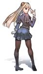  asa_(y-asa) blonde_hair capcom_fighting_jam gloves hairpods ingrid long_hair looking_back mary_janes pantyhose red_eyes shoes solo 