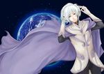  albino cape earth gloves headphones male_focus red_eyes reyst silver_hair smile soldier_blue solo space toward_the_terra wallpaper 