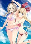 2girls :d arm_up armpits atelier_(series) atelier_firis barefoot bikini blonde_hair blue_eyes blue_sky blush bow braid breasts brown_hair cleavage closed_mouth cloud cowboy_shot day firis_mistlud frilled_bikini frills green_eyes hair_bow highres hug ilmeria_von_leinweber long_hair looking_at_viewer medium_breasts minidraco multiple_girls navel open_mouth outdoors red_bikini sky smile standing swimsuit white_bikini 
